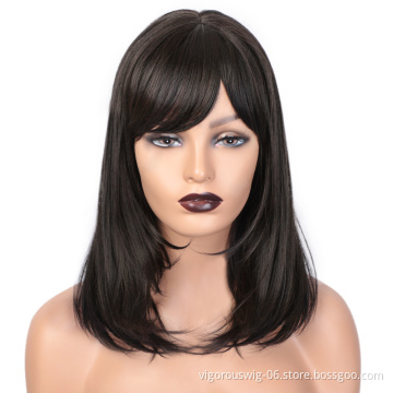 Vigorous Wholesale Top Quality Long Silky Straight Natural Black Wigs Bangs Synthetic Part Side Wigs For Women Heat Resistant